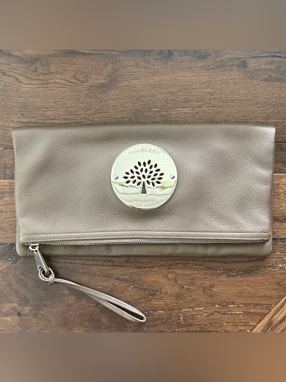 Mulberry Taupe Leather Fold-Over Wristlet with Tree Medallion